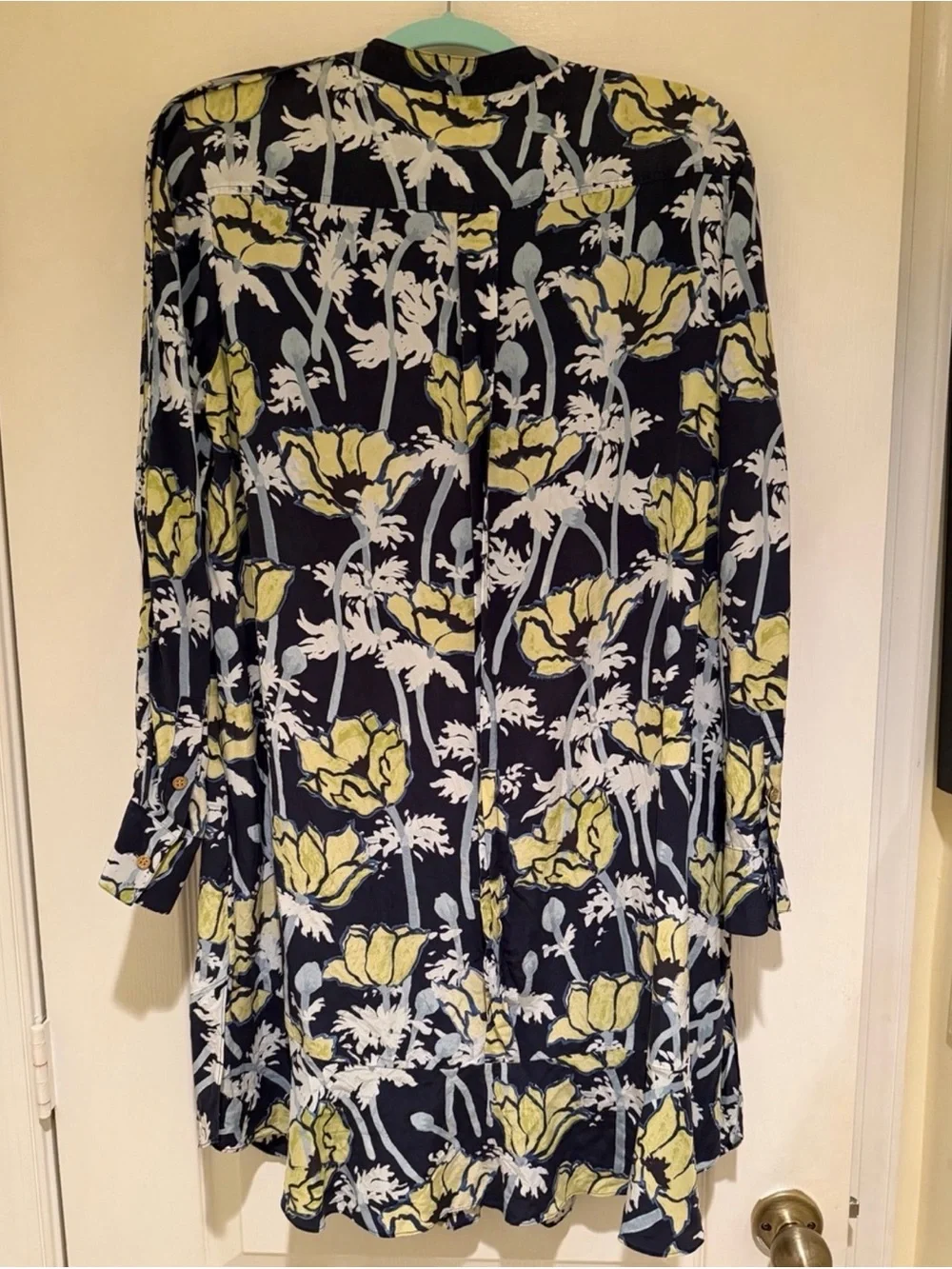 Tory Burch 100% Silk Floral Pintuck Tunic Dress Navy Yellow Size 14